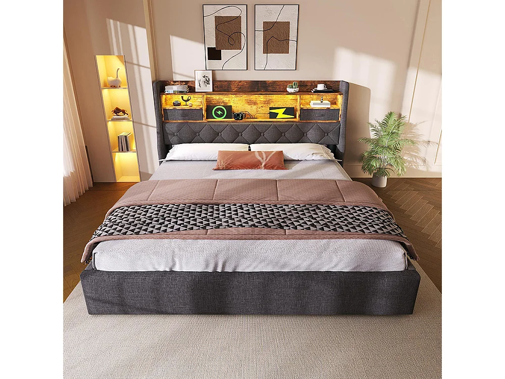 Lit coffre rembourré 180x200 cm espace rangement hydraulique tête lit LED 4 stations recharge USB Type-C double sommier lattes tissu lin gris