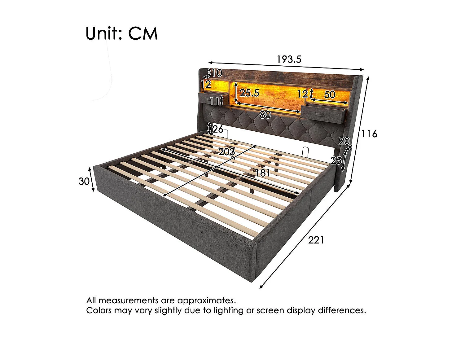 Lit coffre rembourré 180x200 cm espace rangement hydraulique tête lit LED 4 stations recharge USB Type-C double sommier lattes tissu lin gris