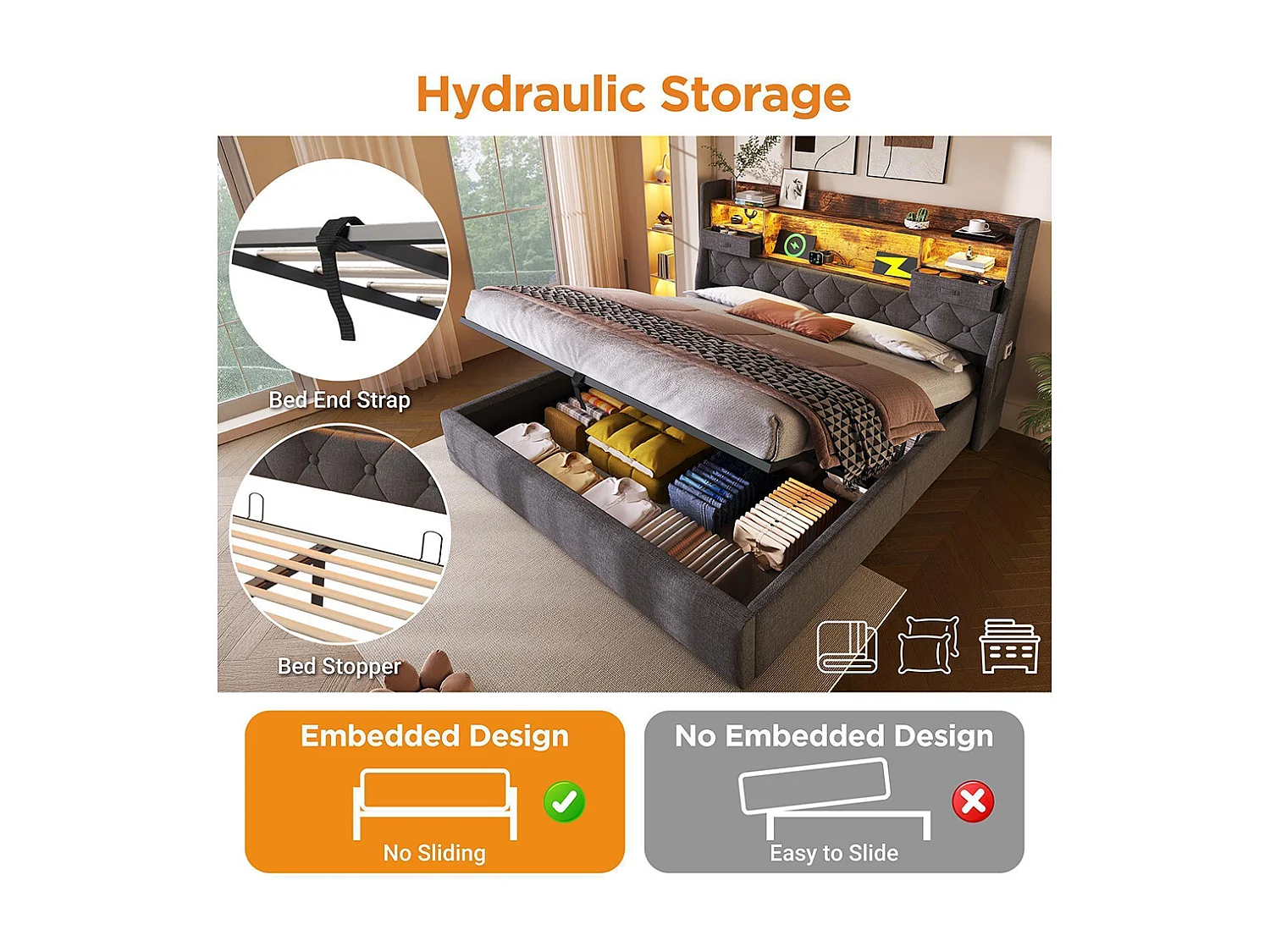 Lit coffre rembourré 180x200 cm espace rangement hydraulique tête lit LED 4 stations recharge USB Type-C double sommier lattes tissu lin gris