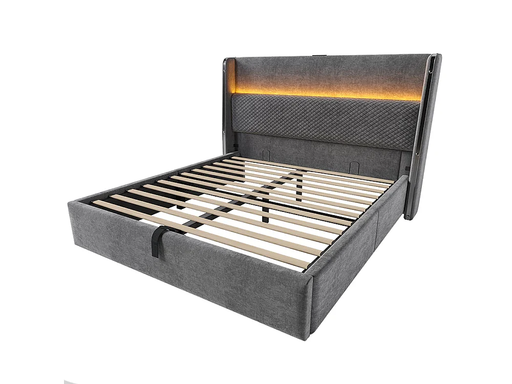 Lit coffre moderne tête lit haute double 160x200 cm éclairage LED espace rangement ports USB Type-C aspect lin gris sans matelas
