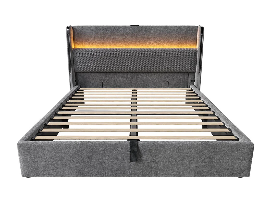 Lit coffre moderne tête lit haute double 160x200 cm éclairage LED espace rangement ports USB Type-C aspect lin gris sans matelas