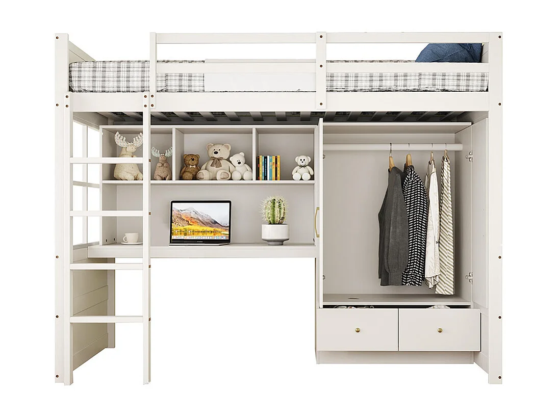 Lit mezzanine 90x200 cm avec échelle bureau rangement armoire tiroirs pour enfant adolescent blanc