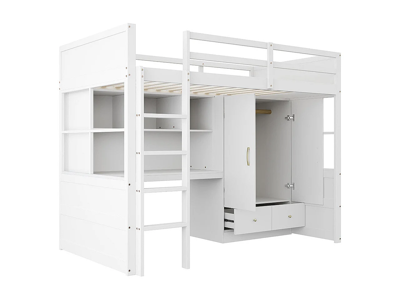 Lit mezzanine 90x200 cm avec échelle bureau rangement armoire tiroirs pour enfant adolescent blanc