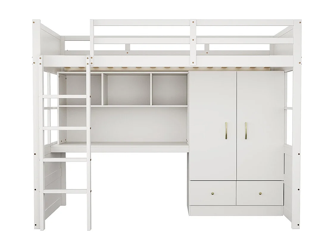Lit mezzanine 90x200 cm avec échelle bureau rangement armoire tiroirs pour enfant adolescent blanc