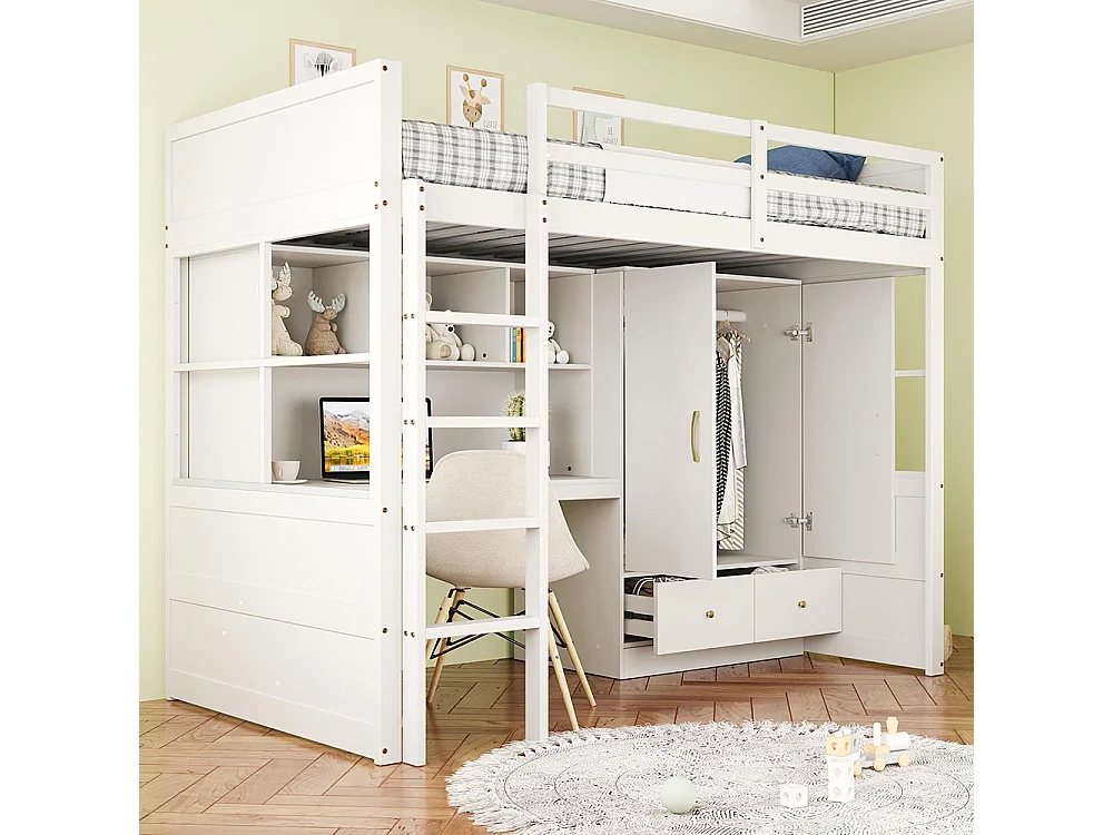 Lit mezzanine 90x200 cm avec échelle bureau rangement armoire tiroirs pour enfant adolescent blanc