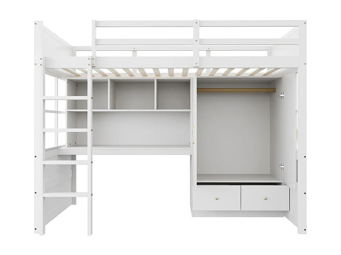 Lit mezzanine 90x200 cm avec échelle bureau rangement armoire tiroirs pour enfant adolescent blanc