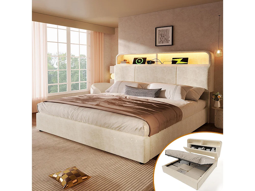 Lit coffre rembourré double 140x200 cm tête lit réglable hauteur espace rangement hydraulique éclairage LED recharge USB Type-C velours beige
