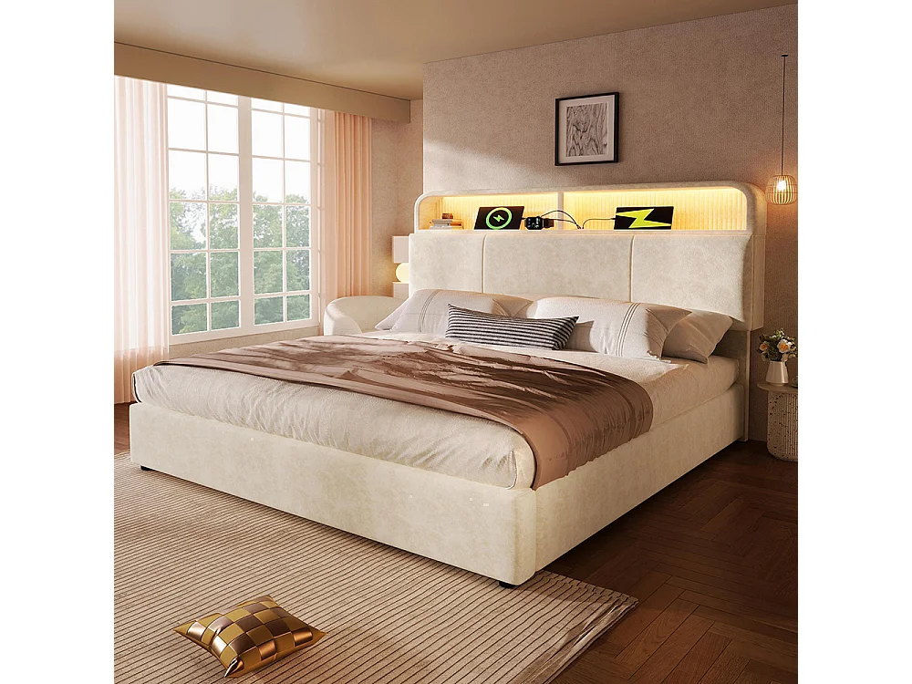 Lit coffre rembourré double 140x200 cm tête lit réglable hauteur espace rangement hydraulique éclairage LED recharge USB Type-C velours beige