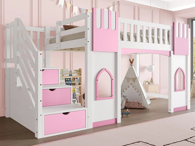 Lit mezzanine 90x200 cm - avec escalier de rangement - avec fenêtres décoratives - avec barrière de sécurité - MDF - Blanc + Rose