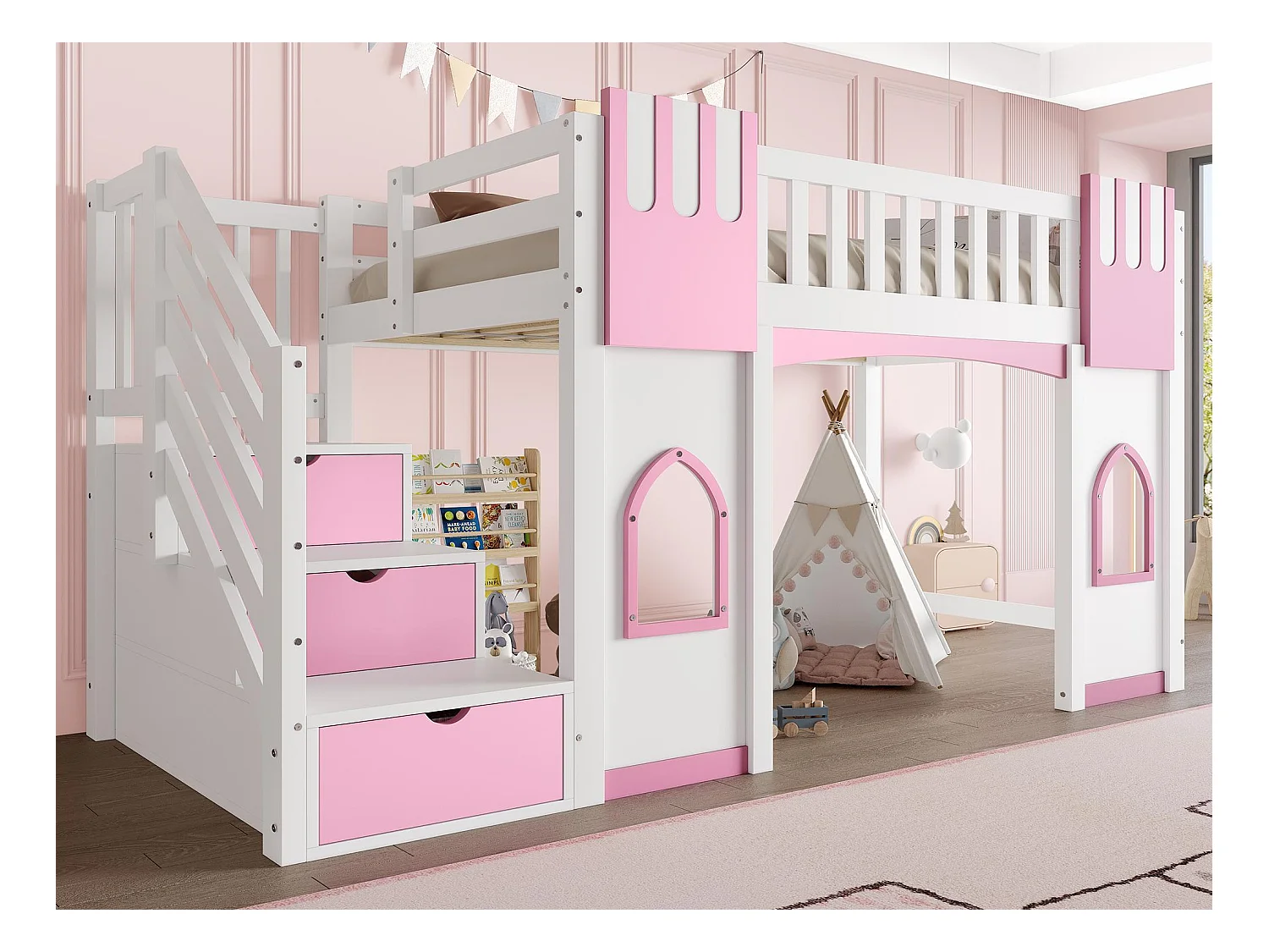 Lit mezzanine 90x200 cm - avec escalier de rangement - avec fenêtres décoratives - avec barrière de sécurité - MDF - Blanc + Rose