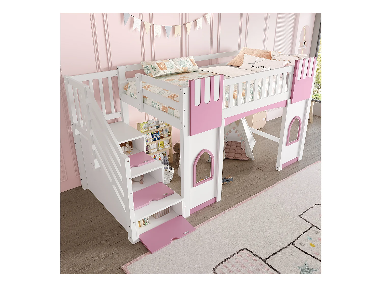 Lit mezzanine 90x200 cm - avec escalier de rangement - avec fenêtres décoratives - avec barrière de sécurité - MDF - Blanc + Rose