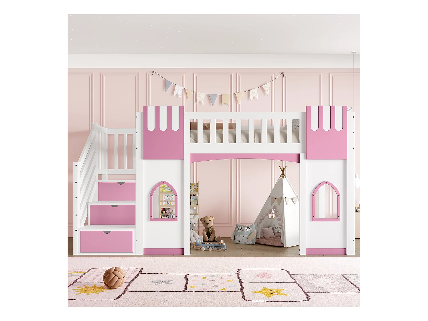 Lit mezzanine 90x200 cm - avec escalier de rangement - avec fenêtres décoratives - avec barrière de sécurité - MDF - Blanc + Rose