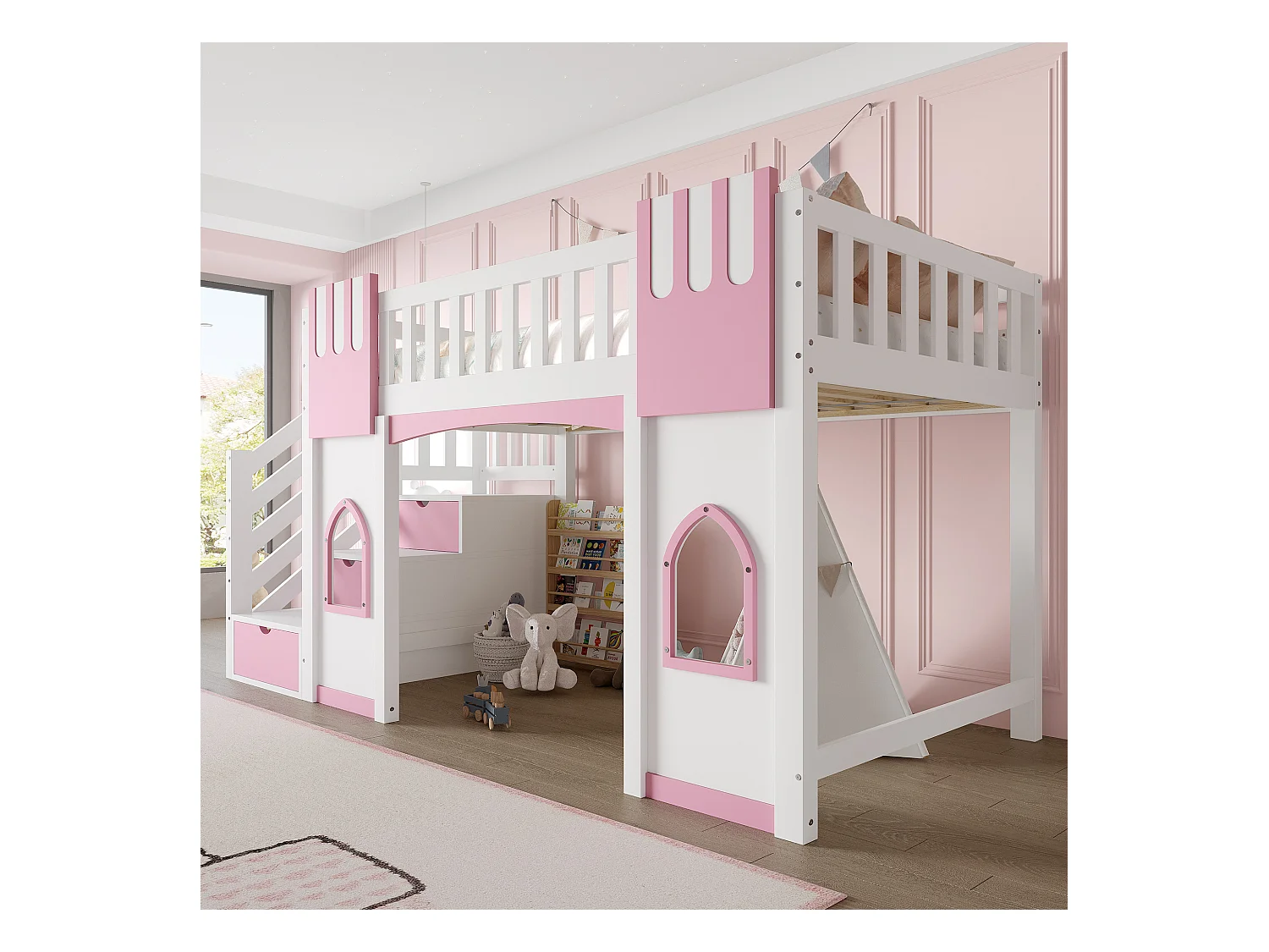 Lit mezzanine 90x200 cm - avec escalier de rangement - avec fenêtres décoratives - avec barrière de sécurité - MDF - Blanc + Rose