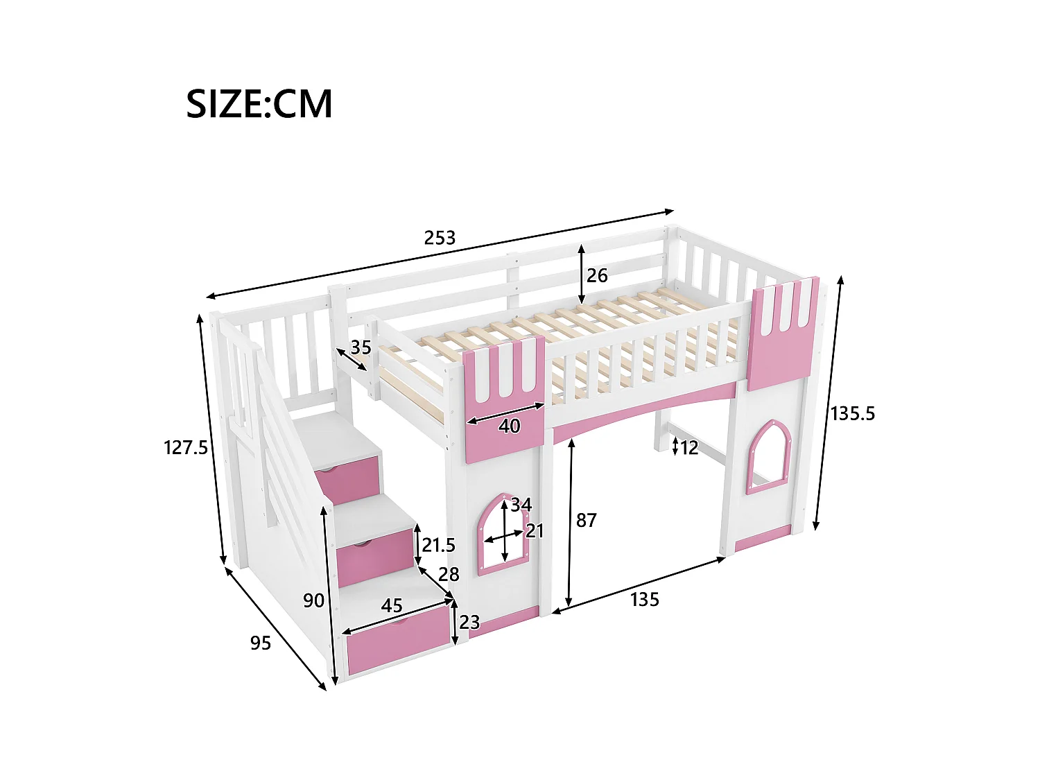 Lit mezzanine 90x200 cm - avec escalier de rangement - avec fenêtres décoratives - avec barrière de sécurité - MDF - Blanc + Rose
