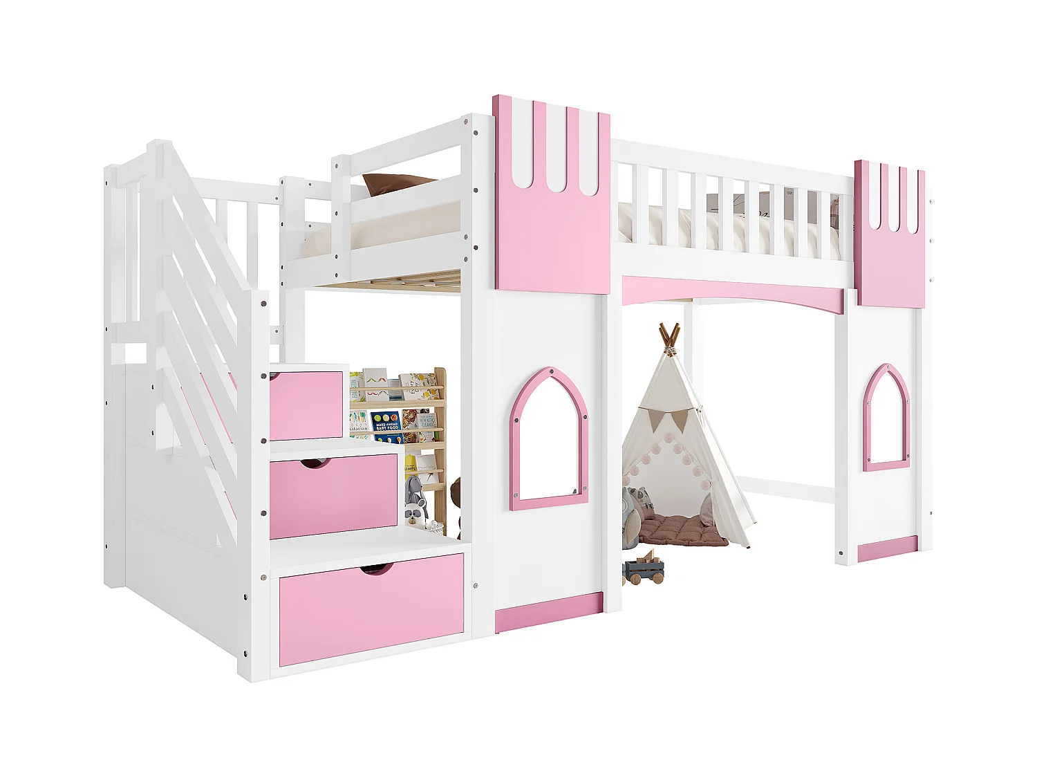 Lit mezzanine 90x200 cm - avec escalier de rangement - avec fenêtres décoratives - avec barrière de sécurité - MDF - Blanc + Rose