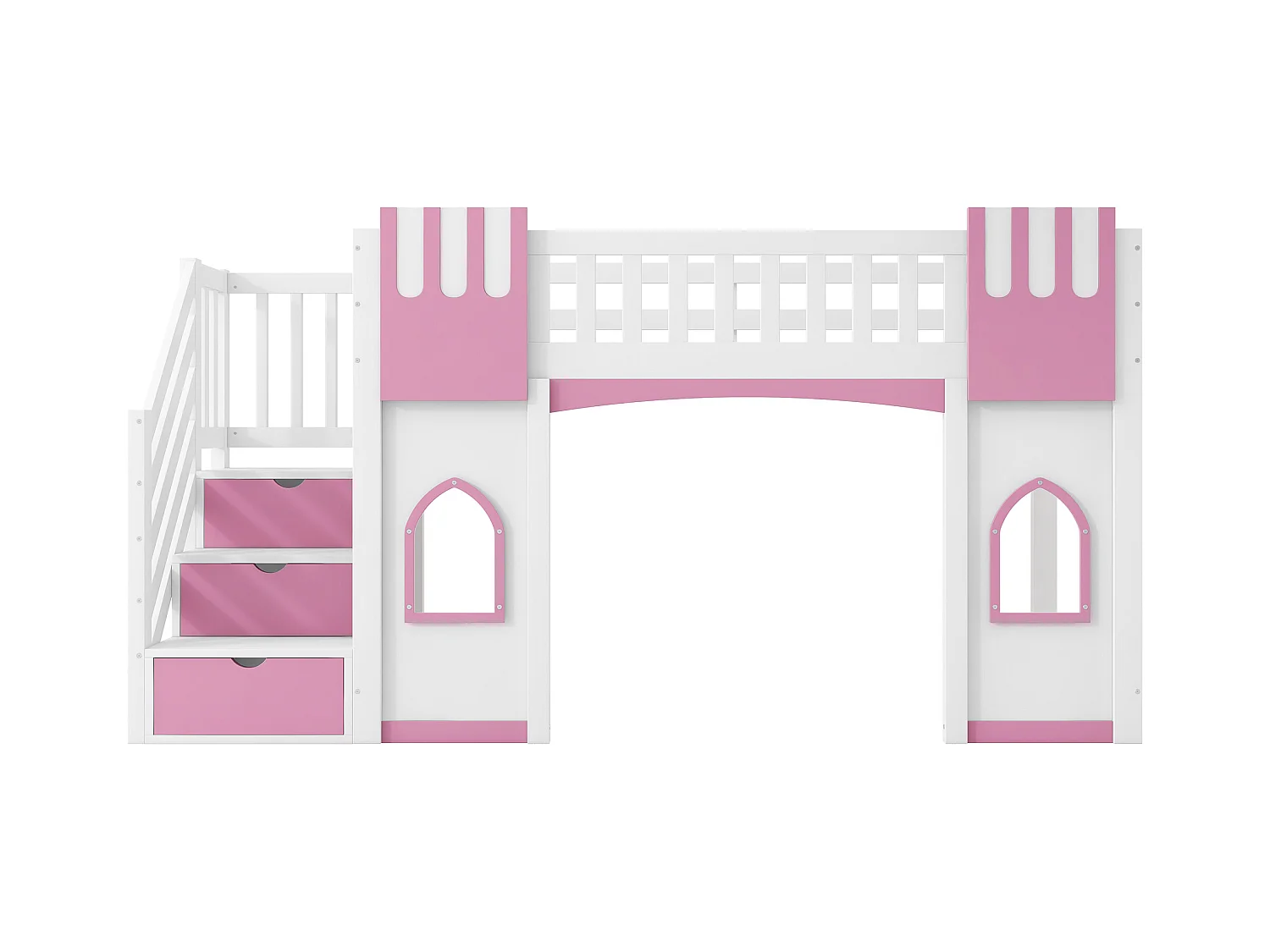 Lit mezzanine 90x200 cm - avec escalier de rangement - avec fenêtres décoratives - avec barrière de sécurité - MDF - Blanc + Rose