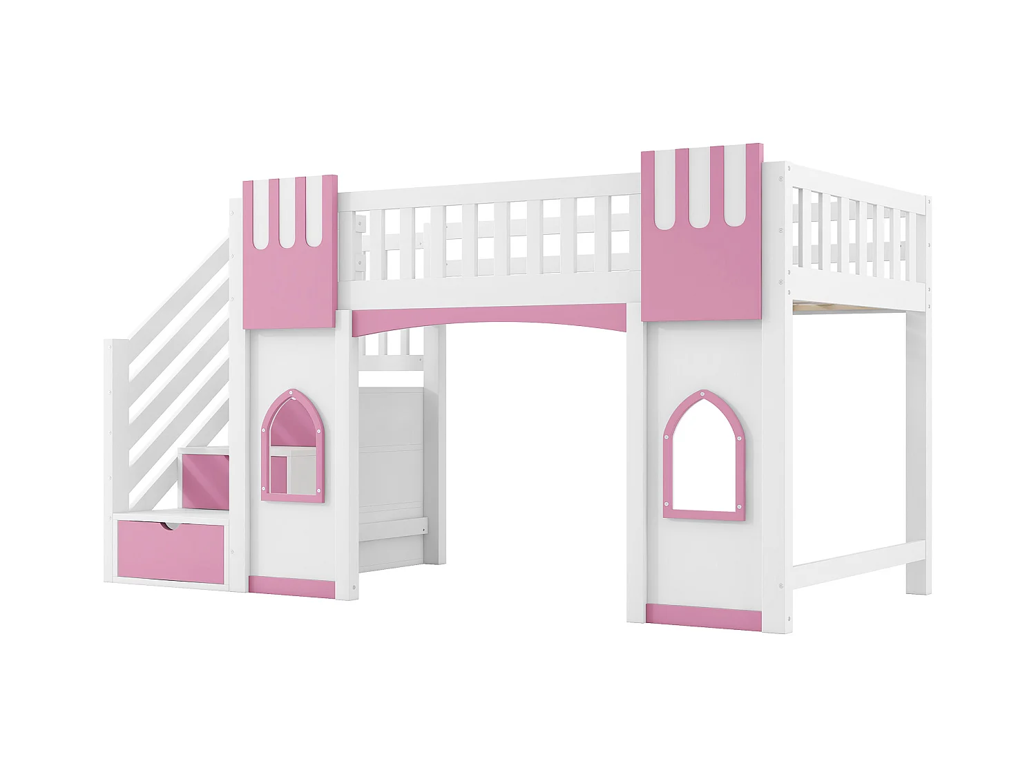 Lit mezzanine 90x200 cm - avec escalier de rangement - avec fenêtres décoratives - avec barrière de sécurité - MDF - Blanc + Rose