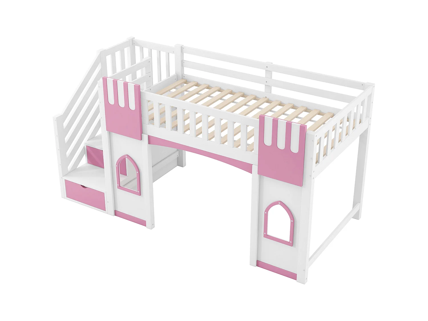 Lit mezzanine 90x200 cm - avec escalier de rangement - avec fenêtres décoratives - avec barrière de sécurité - MDF - Blanc + Rose