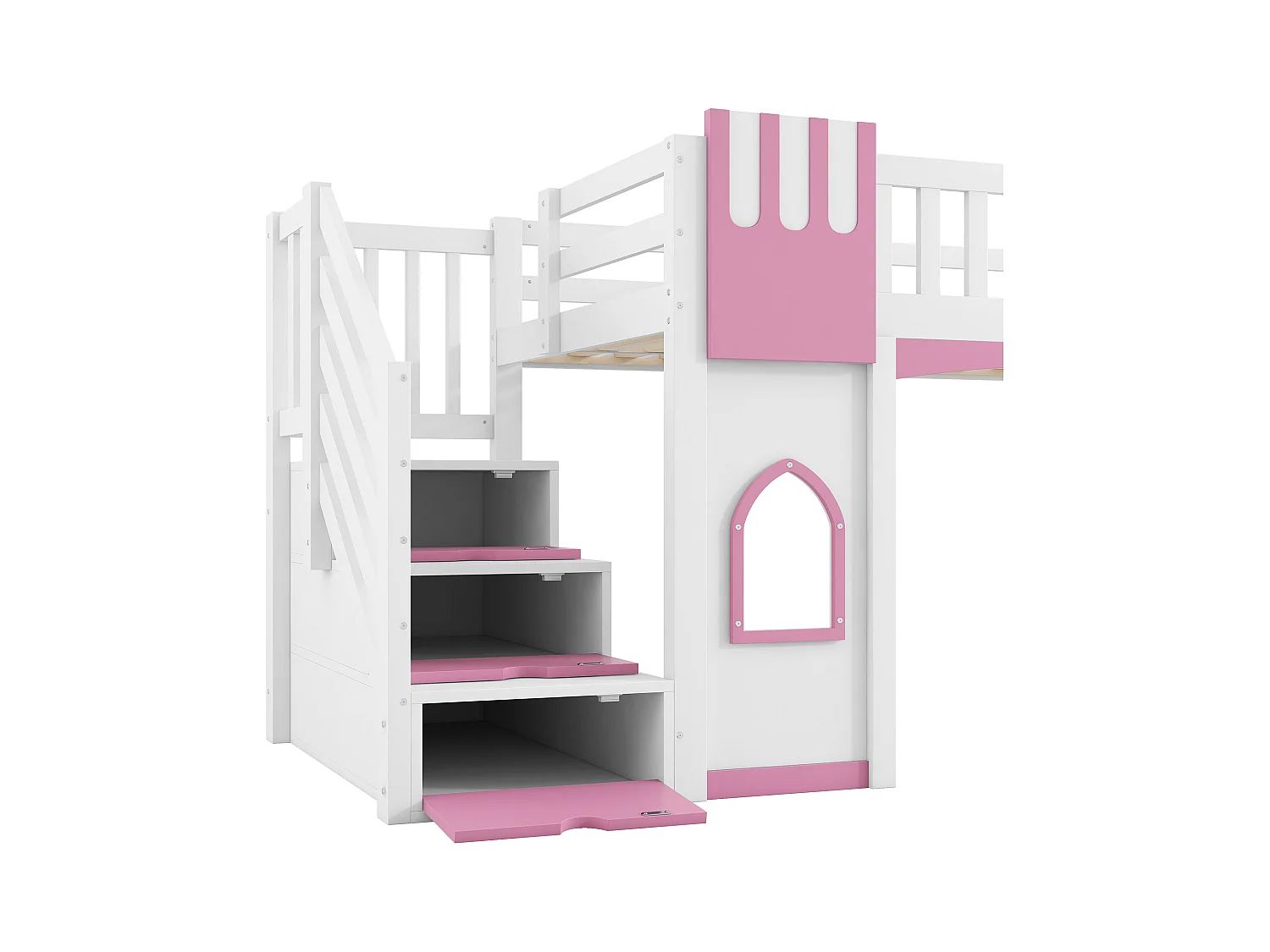 Lit mezzanine 90x200 cm - avec escalier de rangement - avec fenêtres décoratives - avec barrière de sécurité - MDF - Blanc + Rose