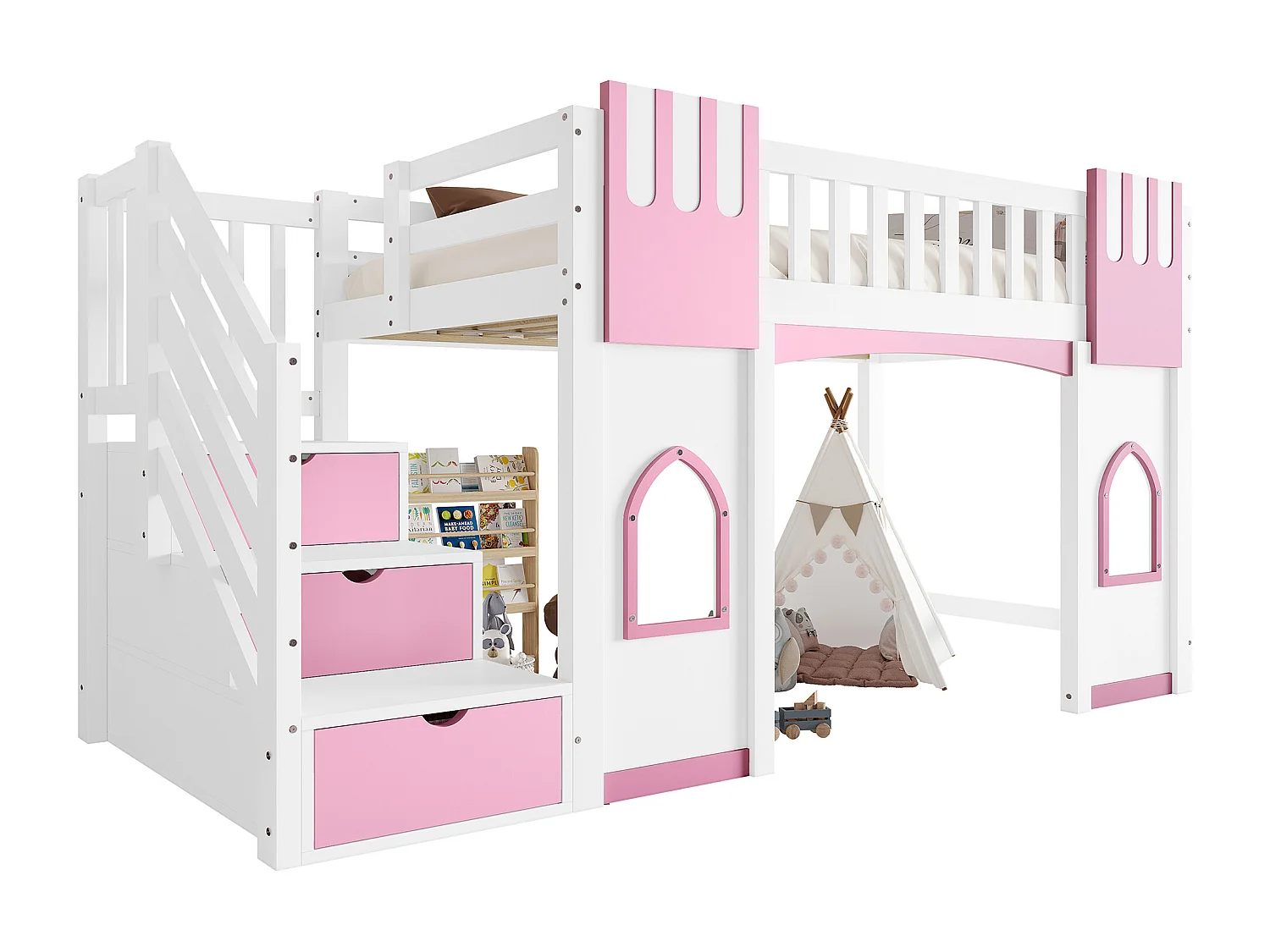 Lit mezzanine 90x200 cm - avec escalier de rangement - avec fenêtres décoratives - avec barrière de sécurité - MDF - Blanc + Rose