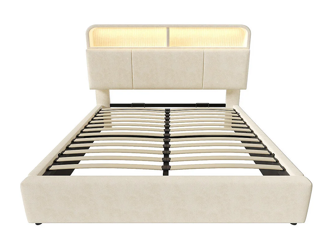 Lit coffre rembourré double 160x200 cm tête lit réglable hauteur espace rangement hydraulique éclairage LED recharge USB Type-C velours beige