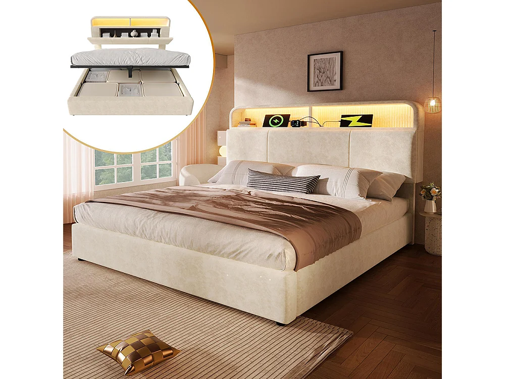 Lit coffre rembourré double 160x200 cm tête lit réglable hauteur espace rangement hydraulique éclairage LED recharge USB Type-C velours beige