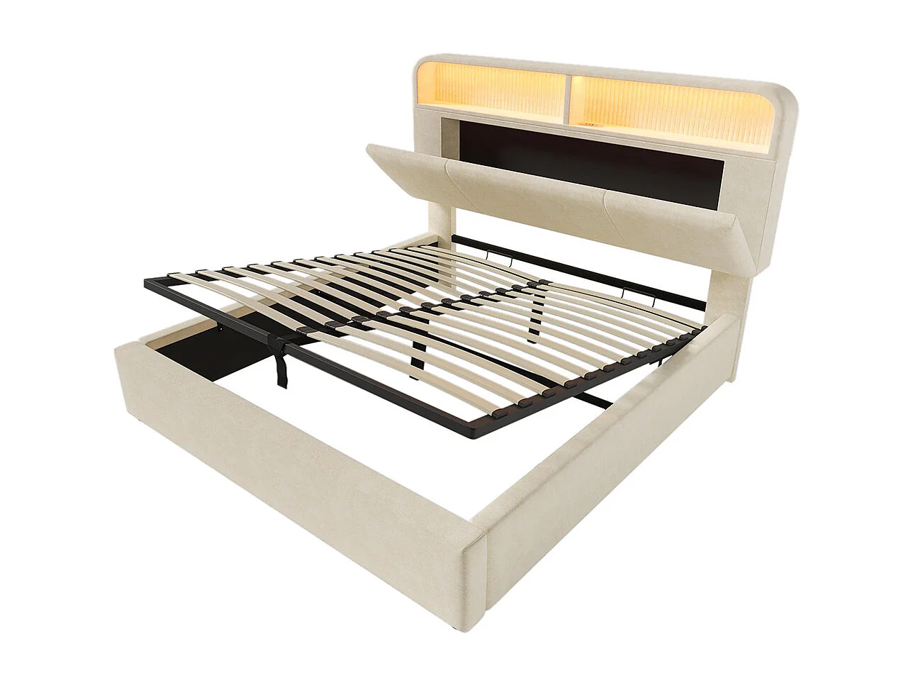 Lit coffre rembourré double 140x200 cm tête lit réglable hauteur espace rangement hydraulique éclairage LED recharge USB Type-C velours beige avec matelas