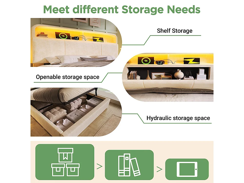 Lit coffre rembourré double 140x200 cm tête lit réglable hauteur espace rangement hydraulique éclairage LED recharge USB Type-C velours beige avec matelas