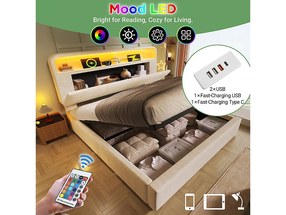 Lit coffre rembourré double 180x200 cm tête lit réglable hauteur espace rangement hydraulique éclairage LED recharge USB Type-C velours beige
