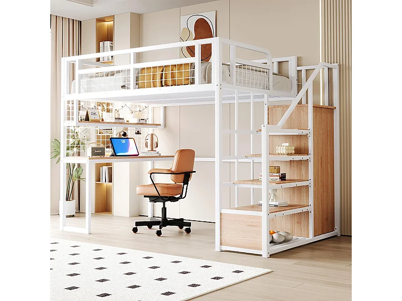 Lit mezzanine en métal 140x200 cm avec échelle rangement et armoire étagère table filet cadre stable blanc