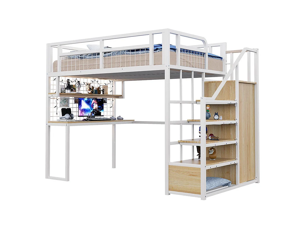 Lit mezzanine en métal 140x200 cm avec échelle rangement et armoire étagère table filet cadre stable blanc