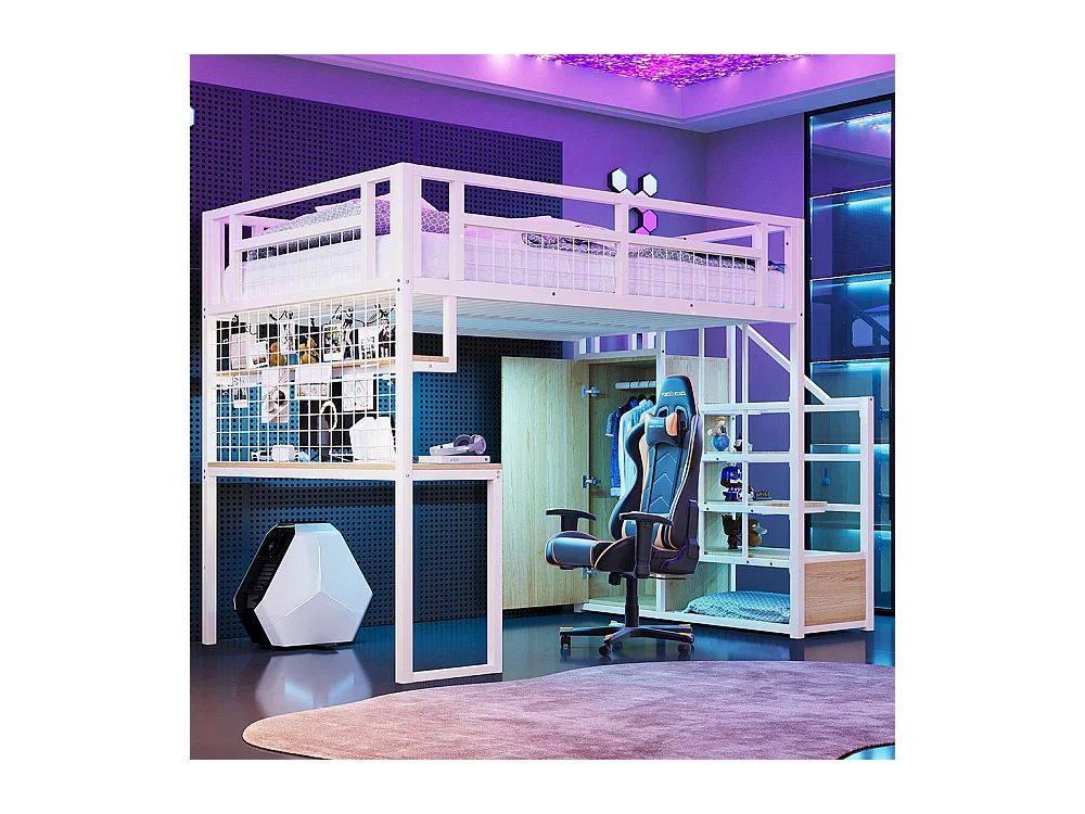 Lit mezzanine en métal 140x200 cm avec échelle rangement et armoire étagère table filet cadre stable blanc