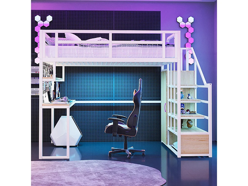 Lit mezzanine en métal 140x200 cm avec échelle rangement et armoire étagère table filet cadre stable blanc