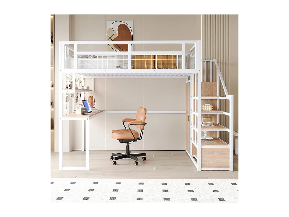 Lit mezzanine en métal 140x200 cm avec échelle rangement et armoire étagère table filet cadre stable blanc