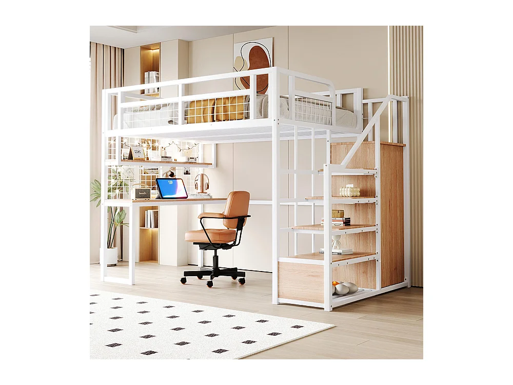 Lit mezzanine en métal 140x200 cm avec échelle rangement et armoire étagère table filet cadre stable blanc