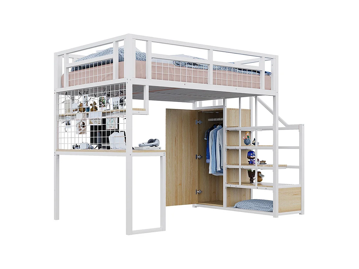 Lit mezzanine en métal 140x200 cm avec échelle rangement et armoire étagère table filet cadre stable blanc