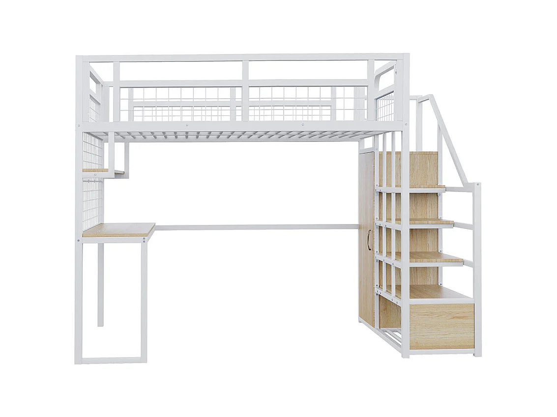 Lit mezzanine en métal 140x200 cm avec échelle rangement et armoire étagère table filet cadre stable blanc