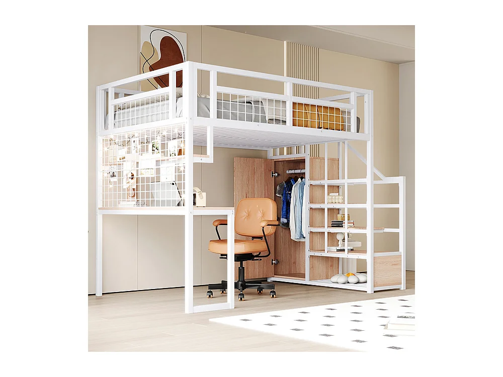 Lit mezzanine en métal 140x200 cm avec échelle rangement et armoire étagère table filet cadre stable blanc