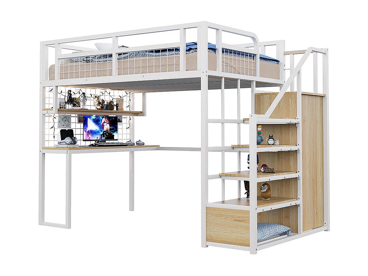 Lit mezzanine en métal 140x200 cm avec échelle rangement et armoire étagère table filet cadre stable blanc