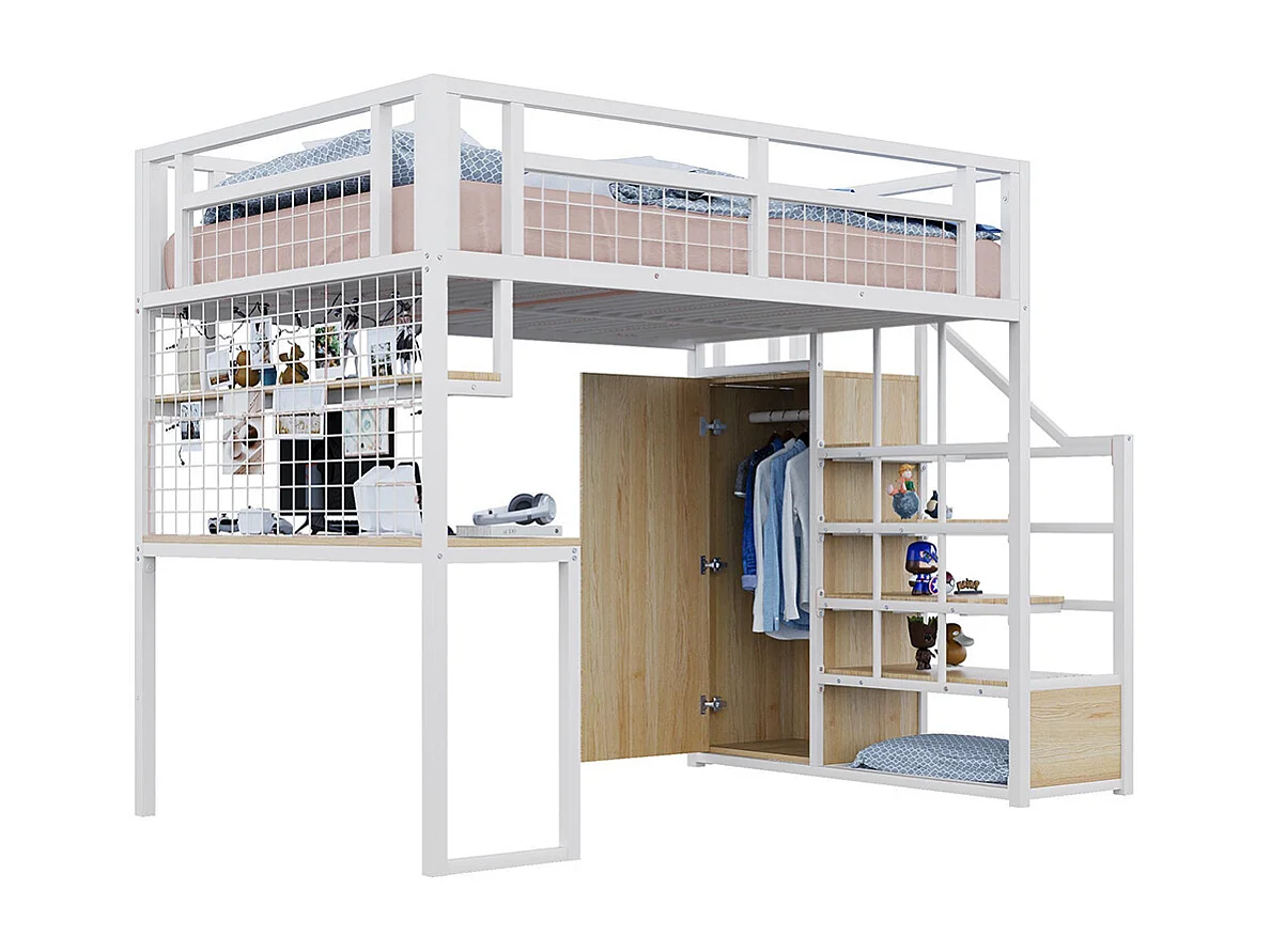 Lit mezzanine en métal 140x200 cm avec échelle rangement et armoire étagère table filet cadre stable blanc