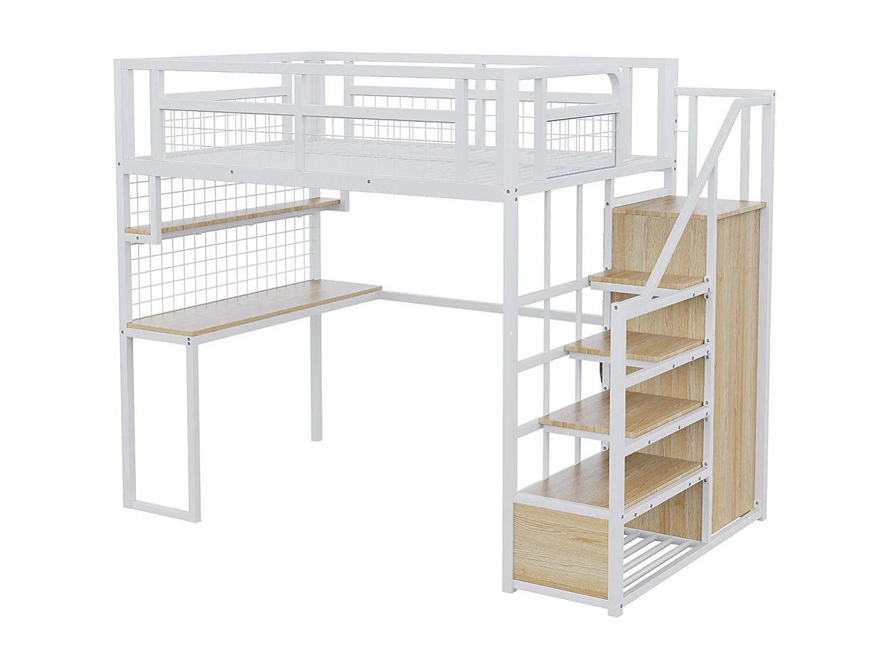 Lit mezzanine en métal 140x200 cm avec échelle rangement et armoire étagère table filet cadre stable blanc