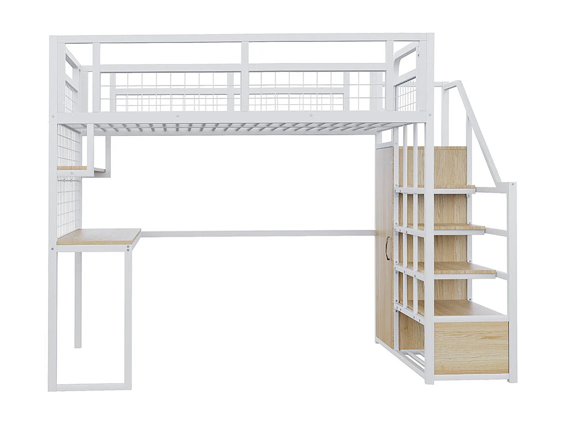 Lit mezzanine en métal 140x200 cm avec échelle rangement et armoire étagère table filet cadre stable blanc