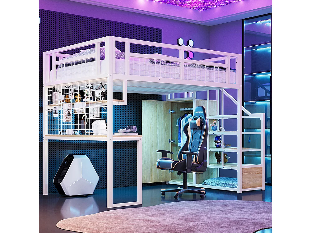 Lit mezzanine en métal 140x200 cm avec échelle rangement et armoire étagère table filet cadre stable blanc