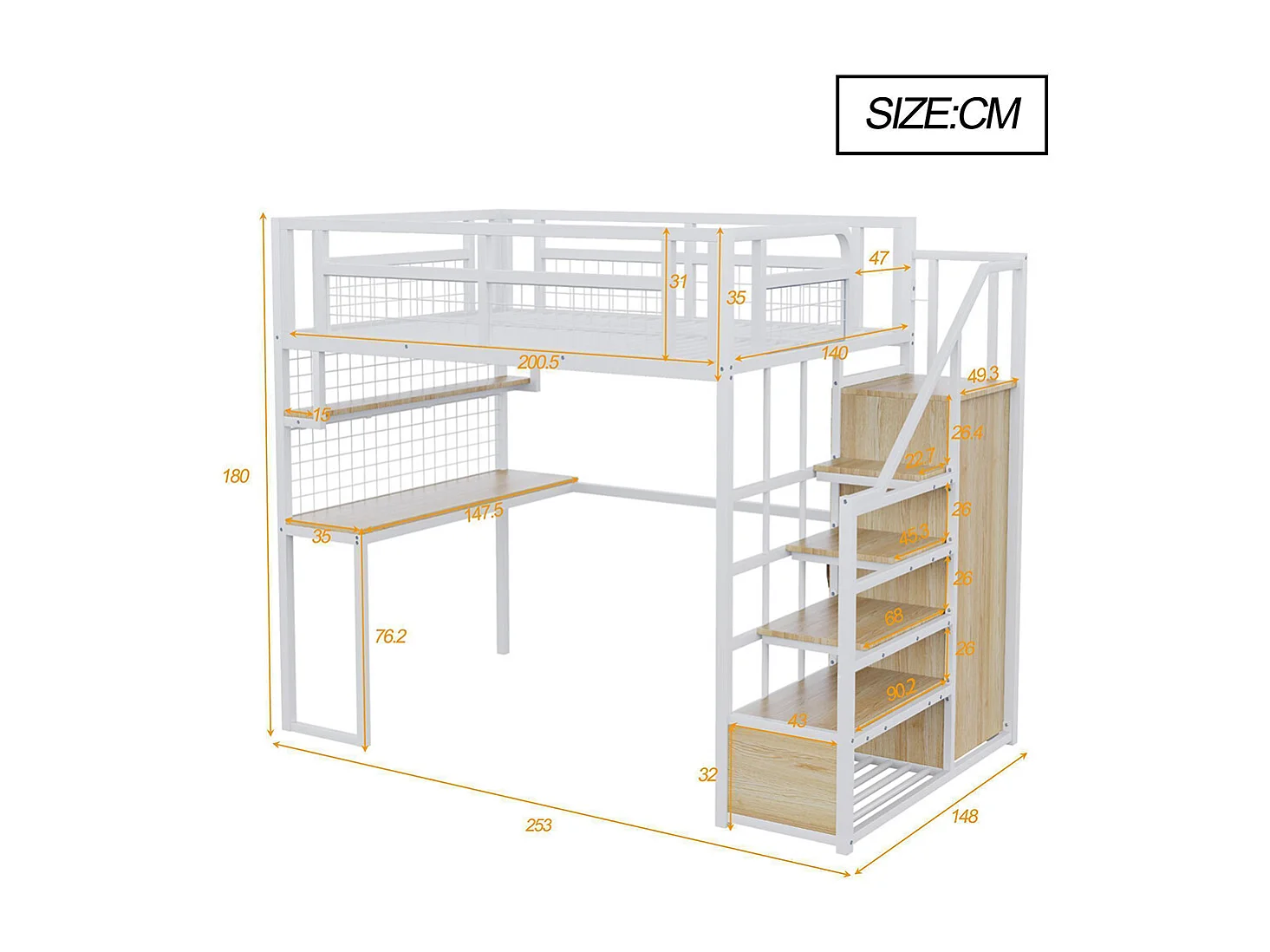 Lit mezzanine en métal 140x200 cm avec échelle rangement et armoire étagère table filet cadre stable blanc