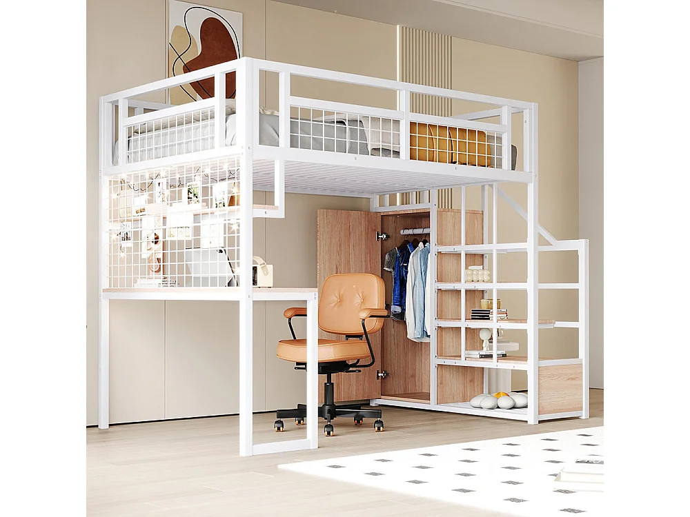 Lit mezzanine en métal 140x200 cm avec échelle rangement et armoire étagère table filet cadre stable blanc