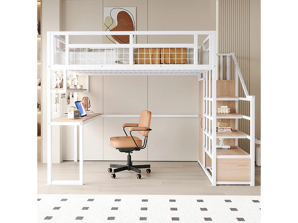 Lit mezzanine en métal 140x200 cm avec échelle rangement et armoire étagère table filet cadre stable blanc