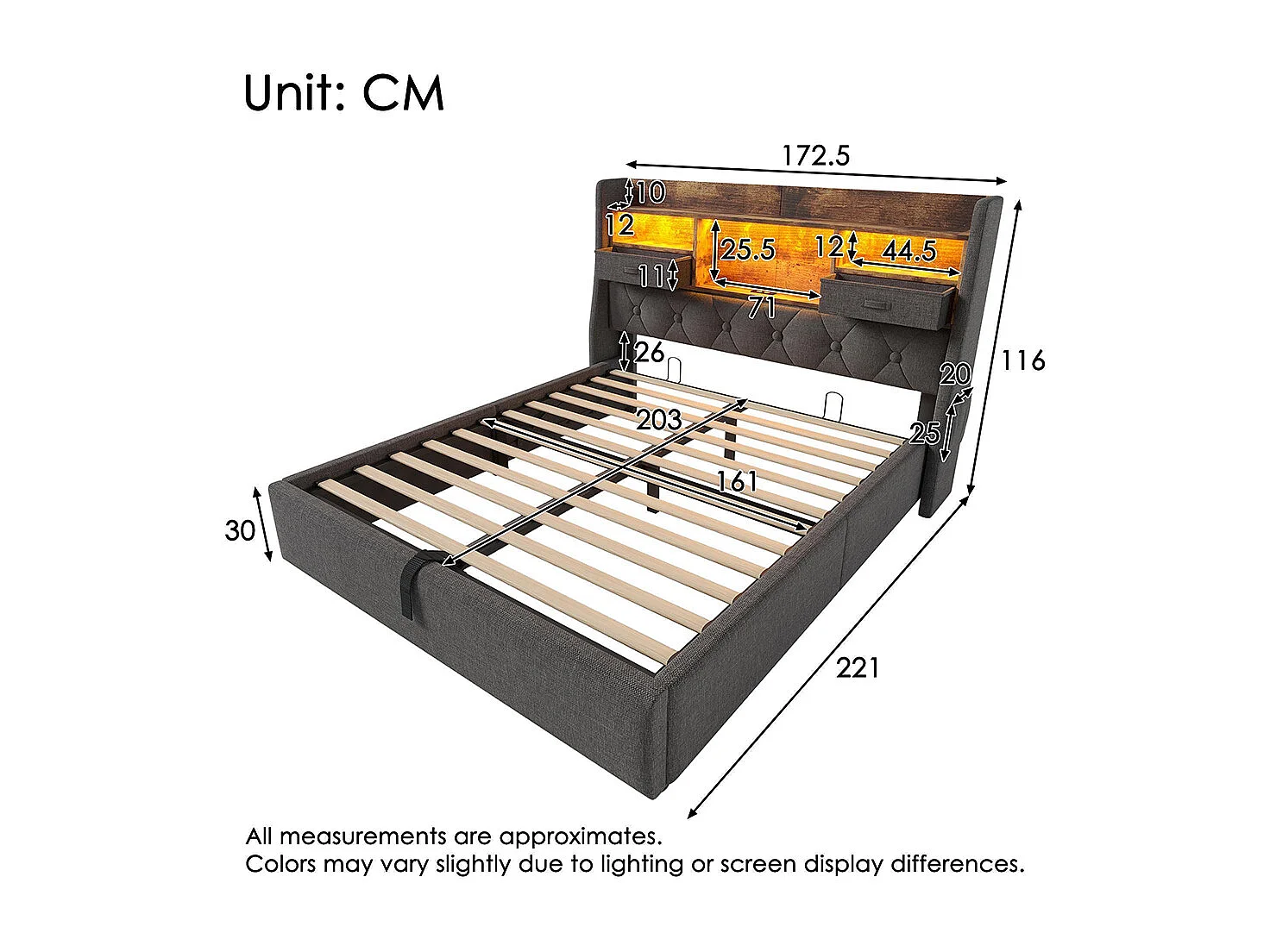 Lit coffre rembourré 160x200 cm espace rangement hydraulique tête lit LED 4 stations recharge USB Type-C double sommier lattes tissu lin gris avec matelas