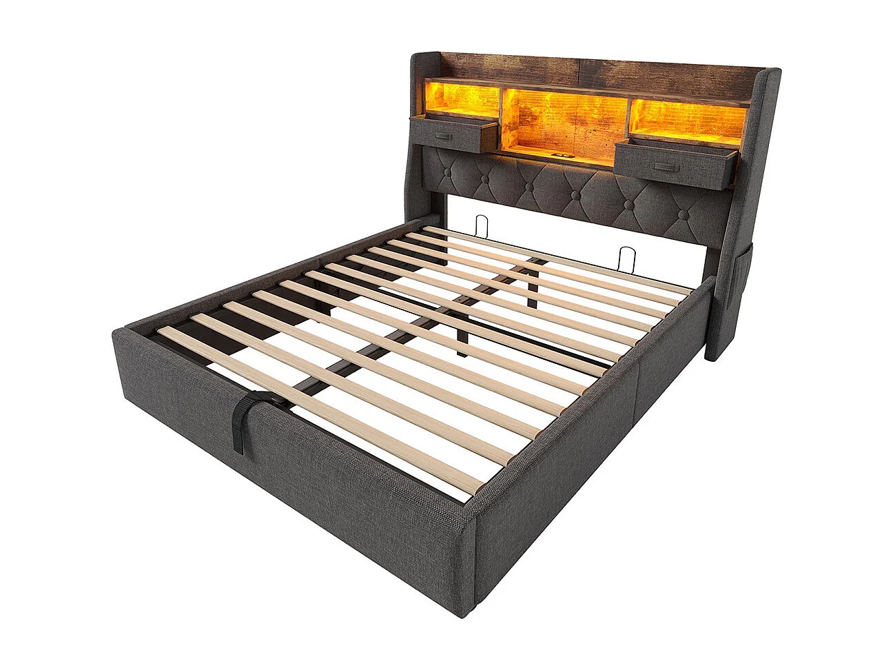 Lit coffre rembourré 160x200 cm espace rangement hydraulique tête lit LED 4 stations recharge USB Type-C double sommier lattes tissu lin gris avec matelas
