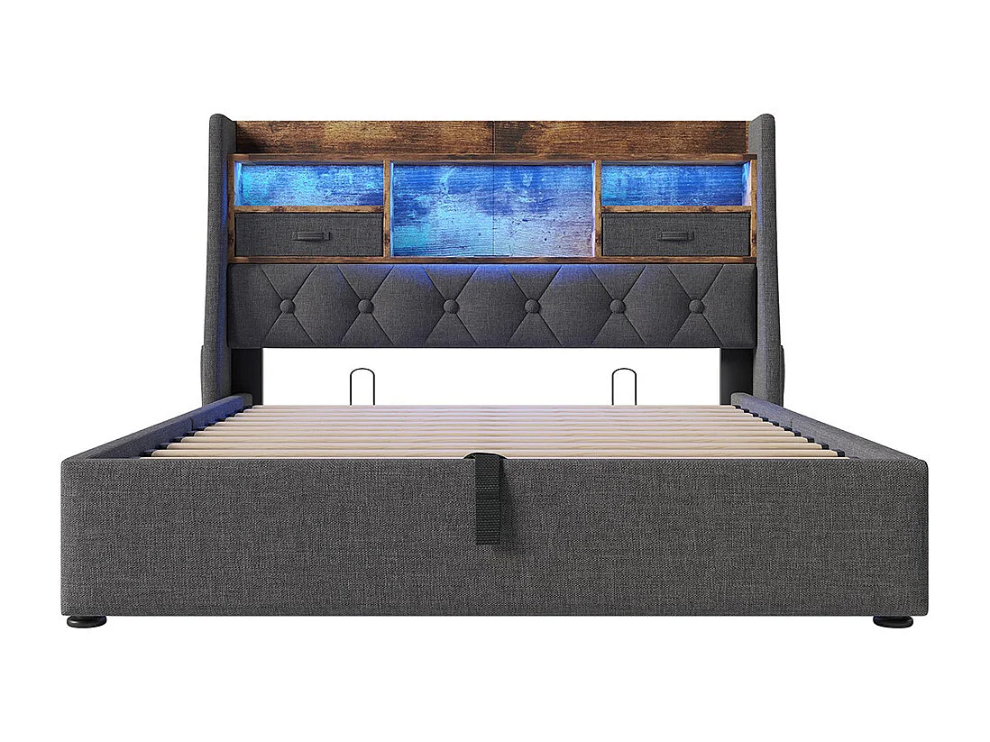 Lit coffre rembourré 160x200 cm espace rangement hydraulique tête lit LED 4 stations recharge USB Type-C double sommier lattes tissu lin gris avec matelas