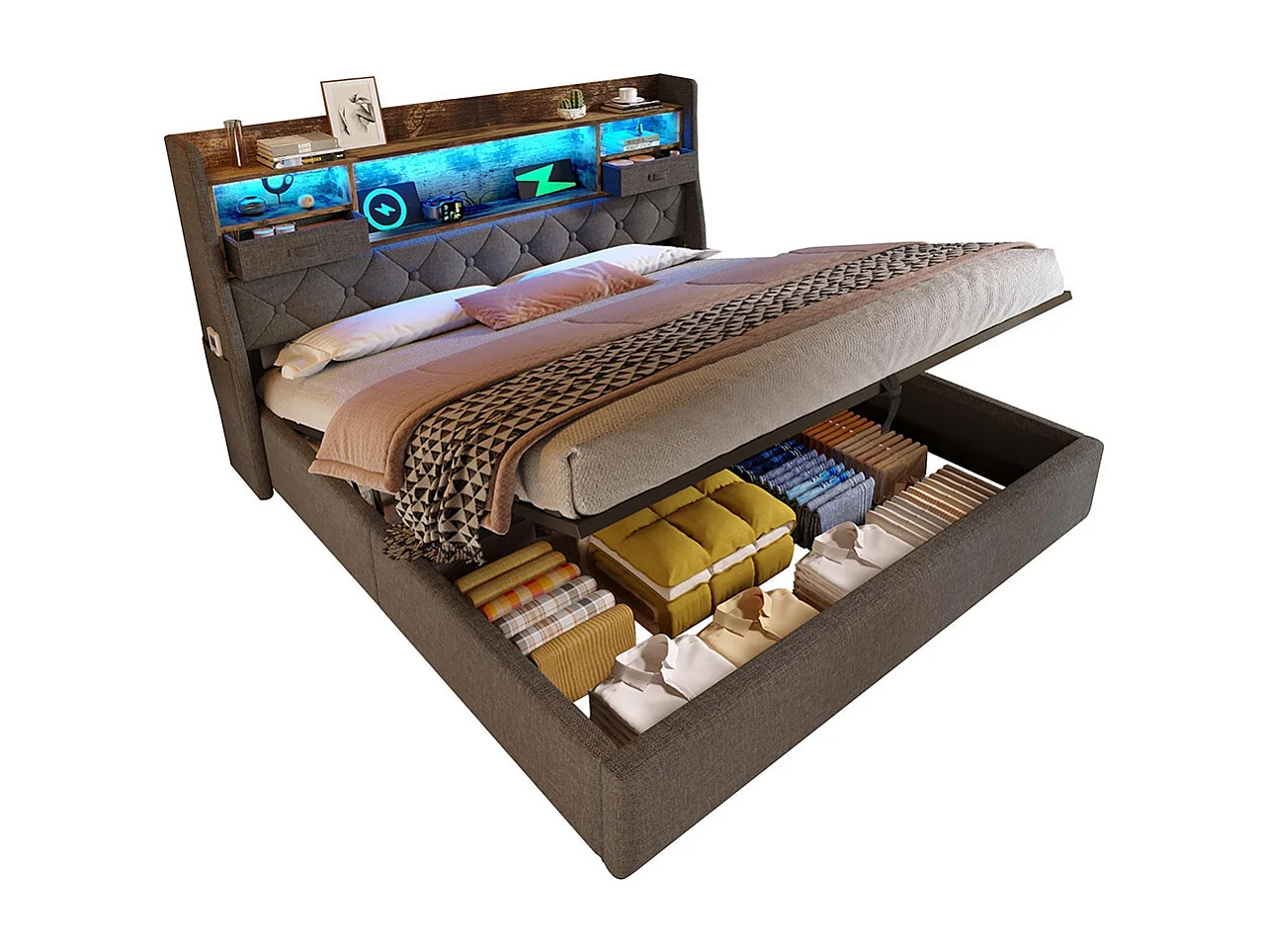 Lit coffre rembourré 160x200 cm espace rangement hydraulique tête lit LED 4 stations recharge USB Type-C double sommier lattes tissu lin gris avec matelas